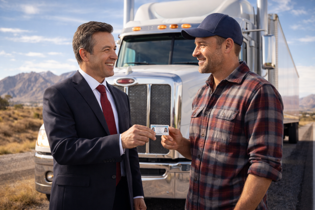 El Paso CDL defense attorney assisting a commercial truck driver in front of a semi-truck, representing legal help for CDL suspensions in Texas.