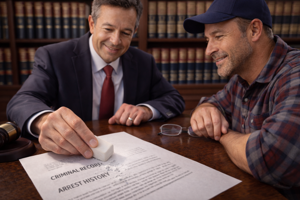 El Paso expunction attorney meeting with a client in an office with law books, representing criminal record expunction services in Texas.