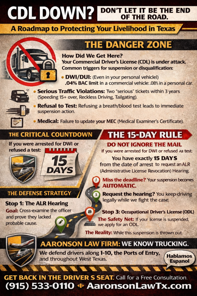 Texas CDL defense infographic by Aaronson Law Firm helping commercial truck drivers in El Paso and West Texas protect their license after DWI or suspension.